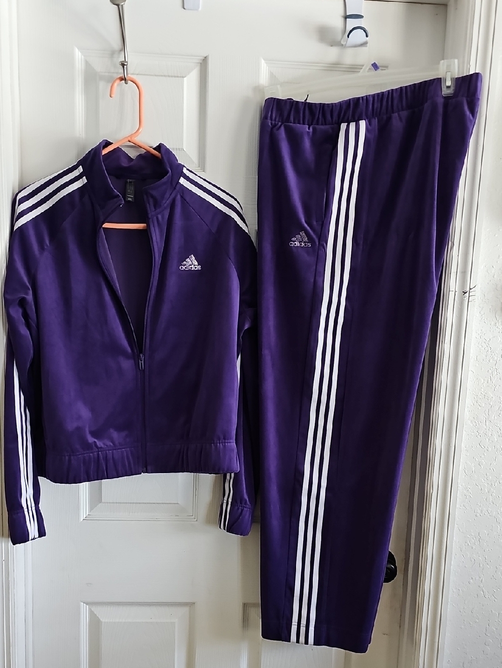 adidas Purple Velvet Track Jacket and Pants with White Stripes